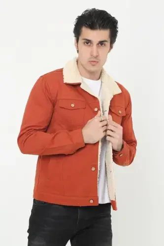 Men's Trendy Winter Fur Lined Denim Jacket Brick-BRICK - 1