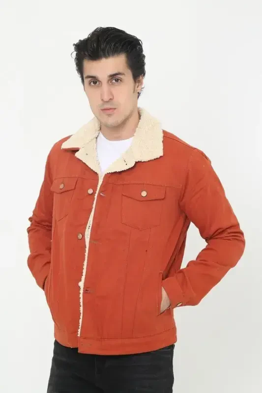 Men's Trendy Winter Fur Lined Denim Jacket Brick-BRICK - 2