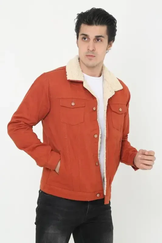 Men's Trendy Winter Fur Lined Denim Jacket Brick-BRICK - 3