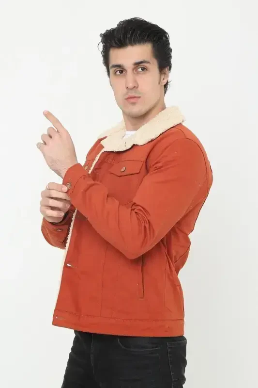 Men's Trendy Winter Fur Lined Denim Jacket Brick-BRICK - 4