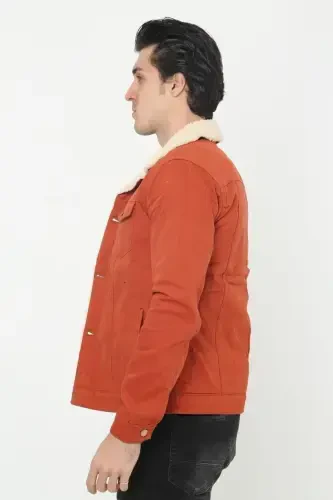 Men's Trendy Winter Fur Lined Denim Jacket Brick-BRICK - 5