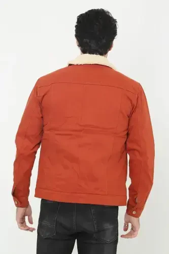 Men's Trendy Winter Fur Lined Denim Jacket Brick-BRICK - 6