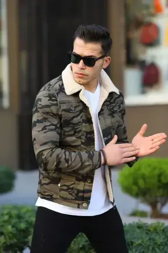 Men's Trendy Winter Fur Lined Denim Jacket Camouflage-GREEN TINT - 1