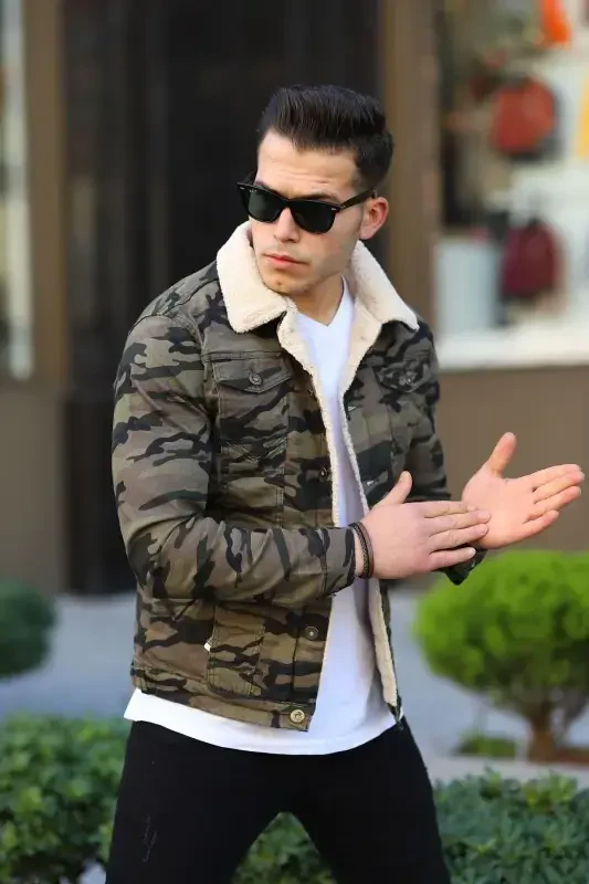 Men's Trendy Winter Fur Lined Denim Jacket Camouflage-GREEN TINT - 1