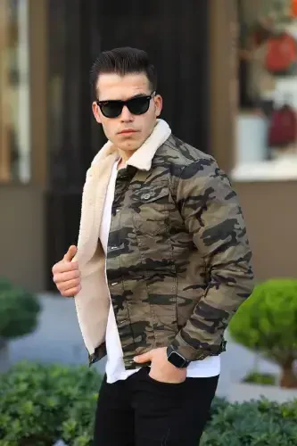 Men's Trendy Winter Fur Lined Denim Jacket Camouflage-GREEN TINT - COMSTAR (1)