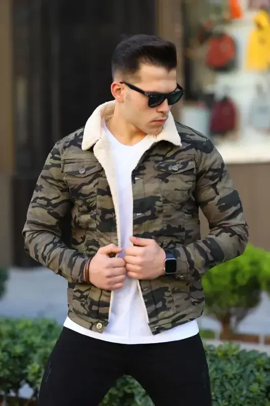 Men's Trendy Winter Fur Lined Denim Jacket Camouflage-GREEN TINT - 3