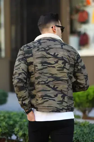 Men's Trendy Winter Fur Lined Denim Jacket Camouflage-GREEN TINT - 4