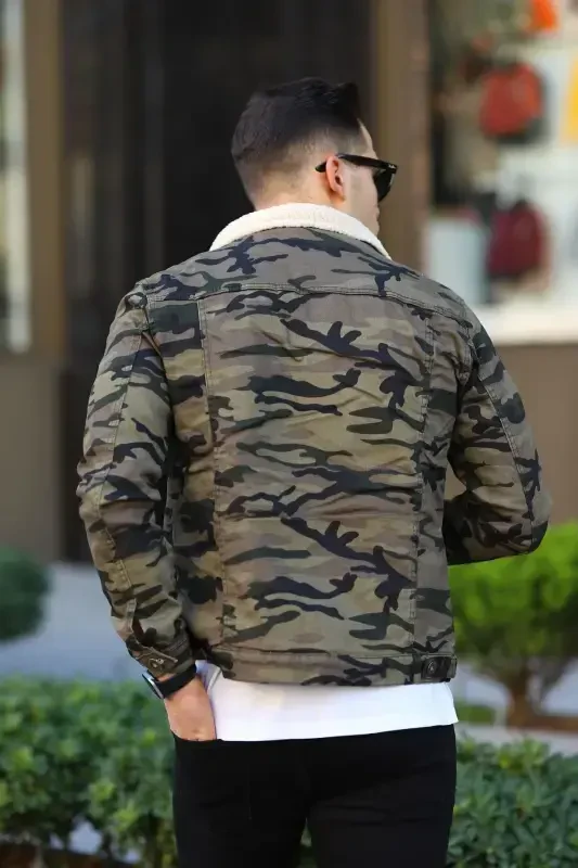 Men's Trendy Winter Fur Lined Denim Jacket Camouflage-GREEN TINT - 4