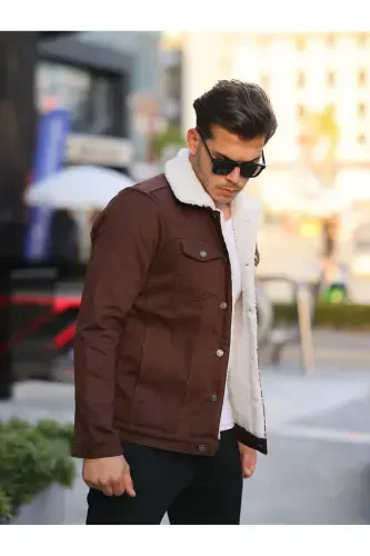 Men's Trendy Winter Fur Lined Denim Jacket Coffee-COFFEE - 3