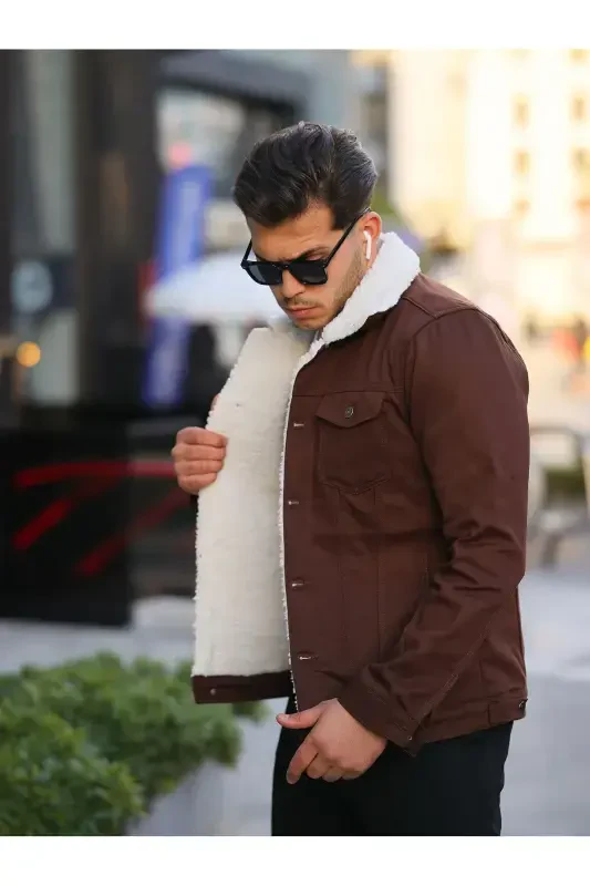 Men's Trendy Winter Fur Lined Denim Jacket Coffee-COFFEE - 4