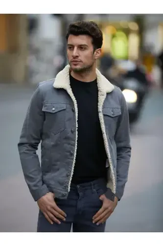 Men's Trendy Winter Fur Lined Denim Jacket Grey-GREY - COMSTAR (1)