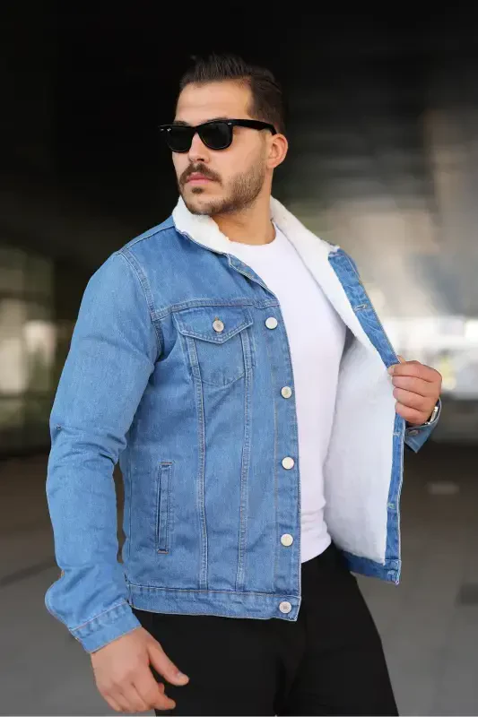 Men's Trendy Winter Fur Lined Denim Jacket Ice Blue-BLUE - 2
