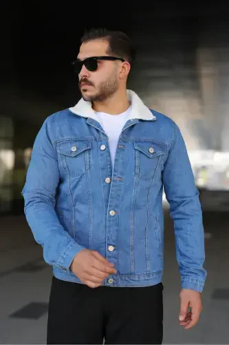 Men's Trendy Winter Fur Lined Denim Jacket Ice Blue-BLUE - 3
