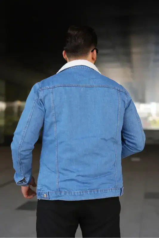 Men's Trendy Winter Fur Lined Denim Jacket Ice Blue-BLUE - 4