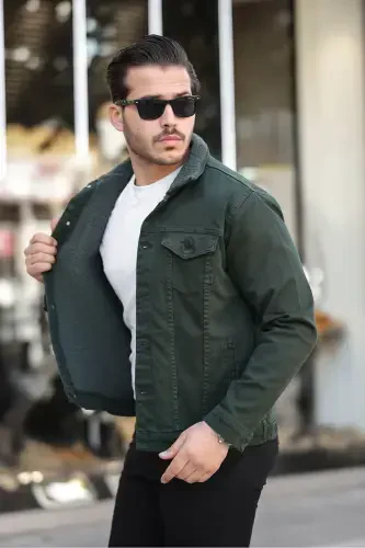 Men's Trendy Winter Fur Lined Denim Jacket Khaki-KHAKI - 1