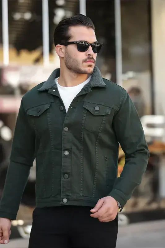 Men's Trendy Winter Fur Lined Denim Jacket Khaki-KHAKI - 3