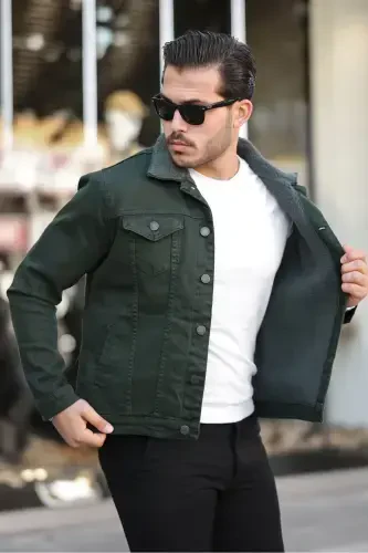 Men's Trendy Winter Fur Lined Denim Jacket Khaki-KHAKI - 4