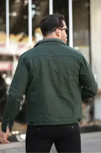 Men's Trendy Winter Fur Lined Denim Jacket Khaki-KHAKI - 5
