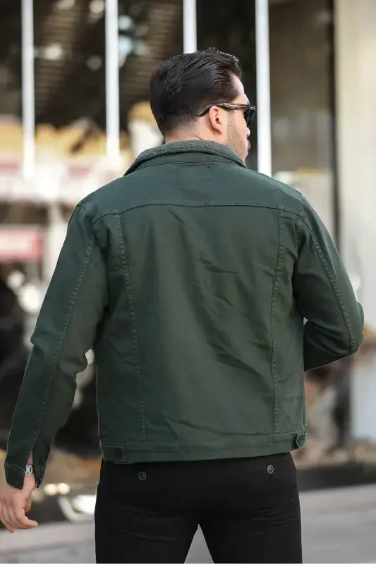 Men's Trendy Winter Fur Lined Denim Jacket Khaki-KHAKI - 5