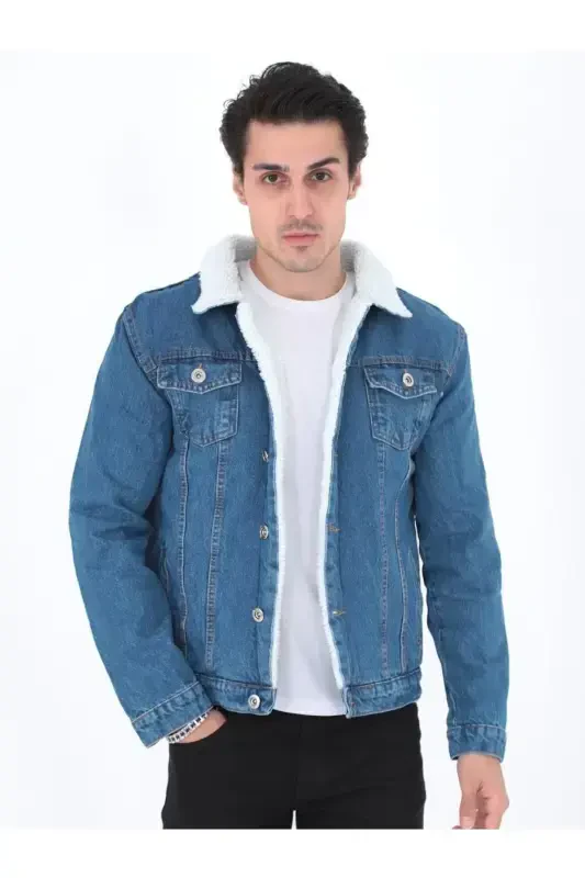 Men's Trendy Winter Fur Lined Denim Jacket Navy-NAVY - 1