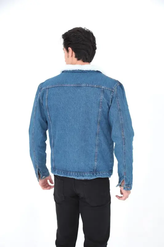 Men's Trendy Winter Fur Lined Denim Jacket Navy-NAVY - 5