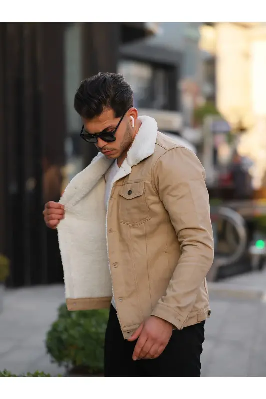 Men's Trendy Winter Fur Lined Denim Jacket Stone-STONE - 3