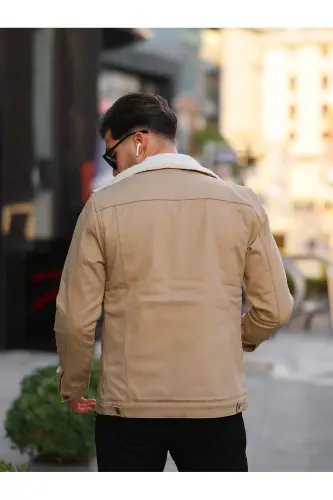 Men's Trendy Winter Fur Lined Denim Jacket Stone-STONE - 4