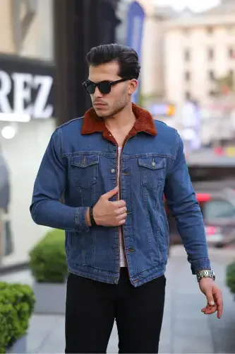 Men's Trendy Winter Fur Lined Denim Jacket Tan Blue-TINT - 3