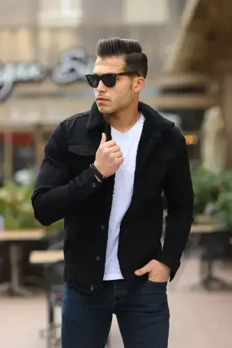 Men's Trendy Winter Fur Lined Denim Jacket White Black-A.BLACK - 4