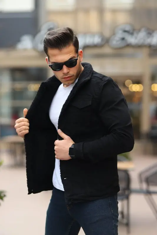 Men's Trendy Winter Fur Lined Denim Jacket White Black-A.BLACK - 2