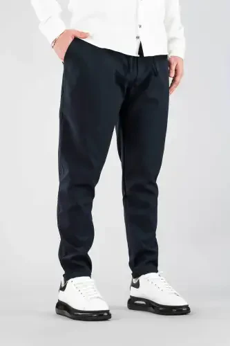 Men's Trousers Navy Elastic Waistband Slim Fit Stretch Lycra Basic Cotton Jogger-Petrol - 1