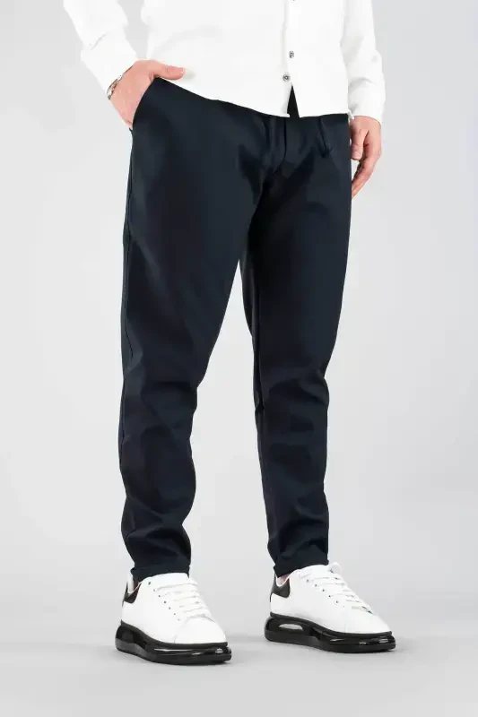 Men's Trousers Navy Elastic Waistband Slim Fit Stretch Lycra Basic Cotton Jogger-Petrol - BOMBE