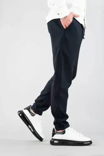 Men's Trousers Navy Elastic Waistband Slim Fit Stretch Lycra Basic Cotton Jogger-Petrol - 2