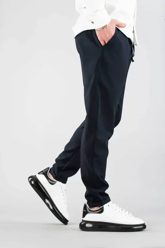 Men's Trousers Navy Elastic Waistband Slim Fit Stretch Lycra Basic Cotton Jogger-Petrol - 2