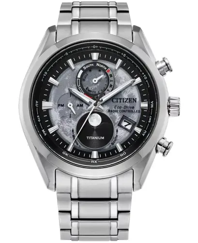 Men's Tsuki-yomi A-T Chronograph Sport Luxury Eco-Drive Silver-Tone Titanium Bracelet Watch 43mm-Silver-tone - 1