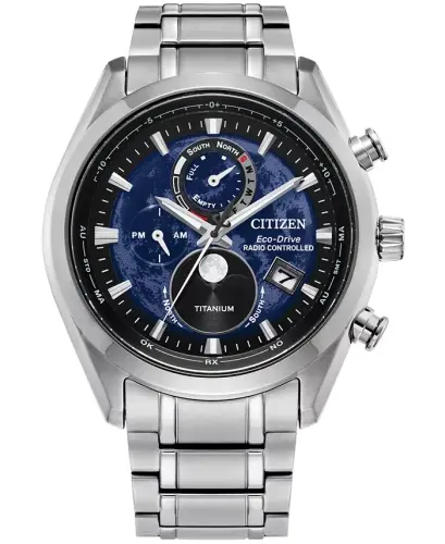 Men's Tsuki-yomi A-T Chronograph Sport Luxury Eco-Drive Silver-Tone Titanium Bracelet Watch 43mm-Silver-tone - 5