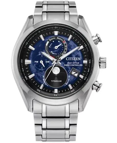 Men's Tsuki-yomi A-T Chronograph Sport Luxury Eco-Drive Silver-Tone Titanium Bracelet Watch 43mm-Silver-tone - 1