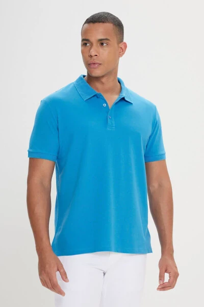 Men's Turquoise 100% Cotton Wrinkle-Resistant Pique Polo Collar Slim Fit T-shirt - 4