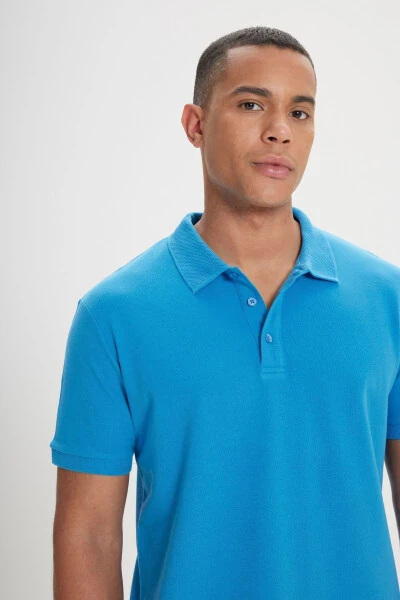 Men's Turquoise 100% Cotton Wrinkle-Resistant Pique Polo Collar Slim Fit T-shirt - 7