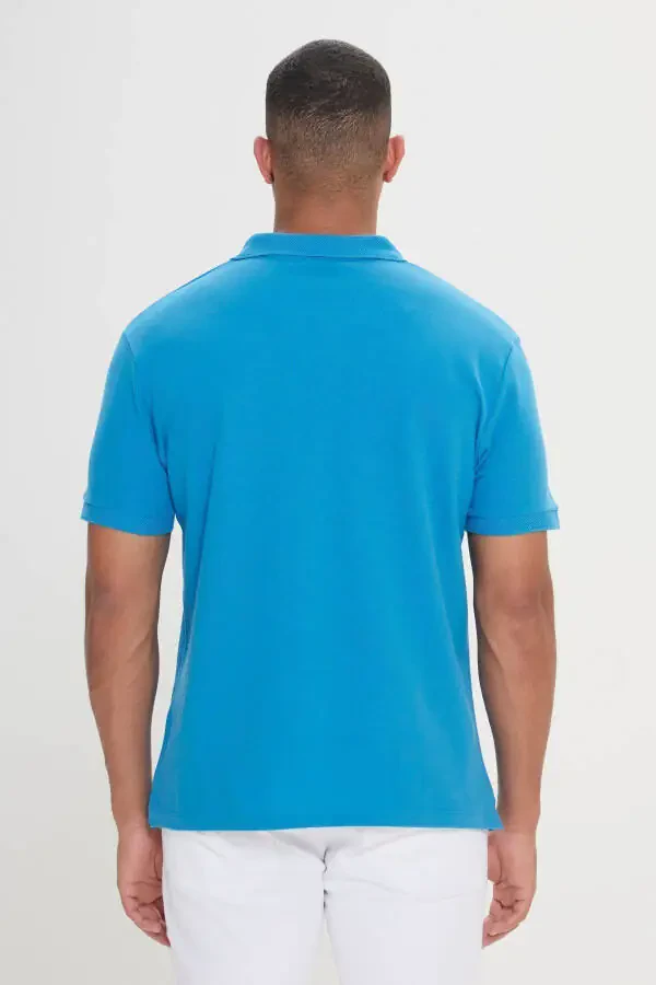 Men's Turquoise 100% Cotton Wrinkle-Resistant Pique Polo Collar Slim Fit T-shirt - 8