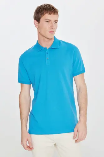 Men's Turquoise 100% Cotton Wrinkle-Resistant Pique Polo Collar Slim Fit T-shirt - 5