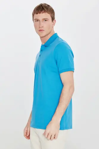 Men's Turquoise 100% Cotton Wrinkle-Resistant Pique Polo Collar Slim Fit T-shirt - 7