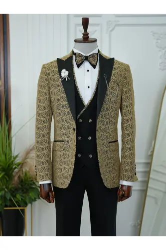 Men's Tuxedo Groom Suit Jacquard Swallowtail Collar Italian Cut Slim Fit Jacket Vest Pants Bow Tie - 3
