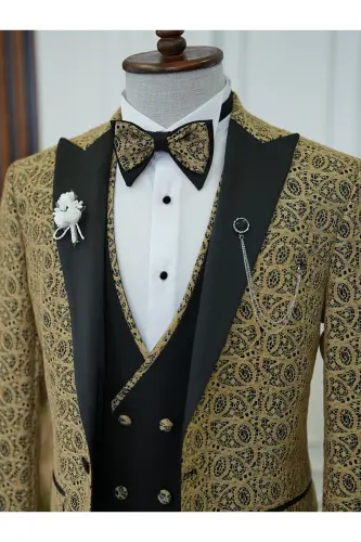 Men's Tuxedo Groom Suit Jacquard Swallowtail Collar Italian Cut Slim Fit Jacket Vest Pants Bow Tie - 5