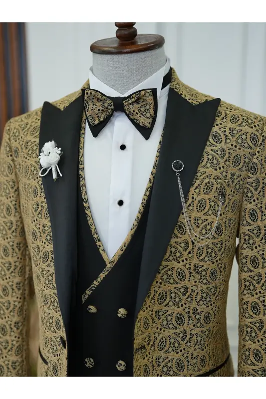 Men's Tuxedo Groom Suit Jacquard Swallowtail Collar Italian Cut Slim Fit Jacket Vest Pants Bow Tie - 5