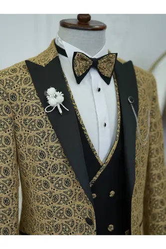 Men's Tuxedo Groom Suit Jacquard Swallowtail Collar Italian Cut Slim Fit Jacket Vest Pants Bow Tie - 6