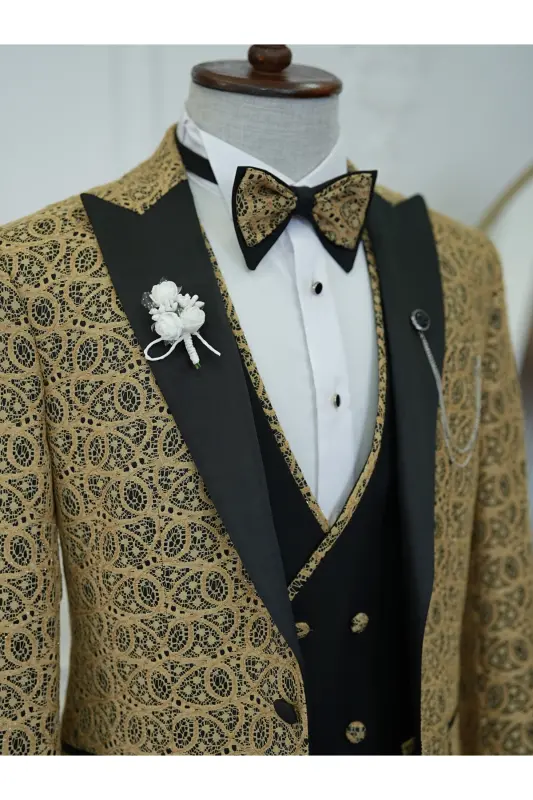 Men's Tuxedo Groom Suit Jacquard Swallowtail Collar Italian Cut Slim Fit Jacket Vest Pants Bow Tie - 6