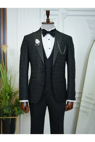 Men's Tuxedo Groom Suit Jacquard Swallowtail Collar Italian Cut Slim Fit Jacket Vest Pants Bow Tie 