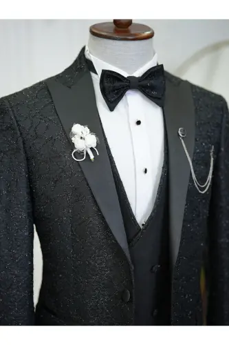 Men's Tuxedo Groom Suit Jacquard Swallowtail Collar Italian Cut Slim Fit Jacket Vest Pants Bow Tie - 3