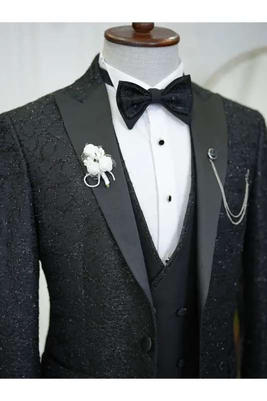 Men's Tuxedo Groom Suit Jacquard Swallowtail Collar Italian Cut Slim Fit Jacket Vest Pants Bow Tie - 3